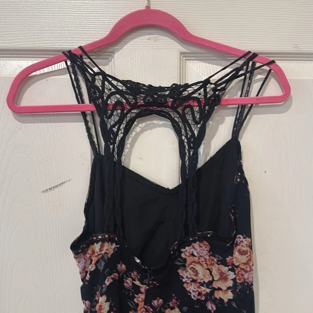 Free People black floral asymmetrical midi dress, size 2